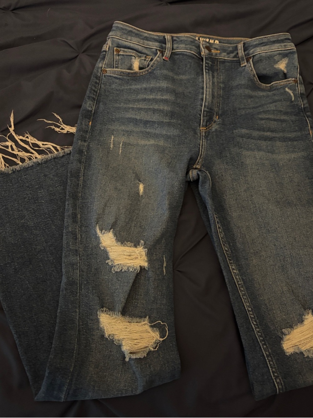 Idyllwind Distressed Dark Blue Flare Jeans - Picture 1 of 4